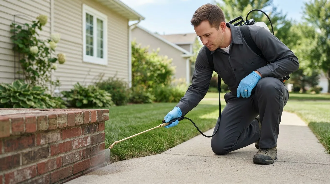 Pest control technician treating a home near Rolla, KS